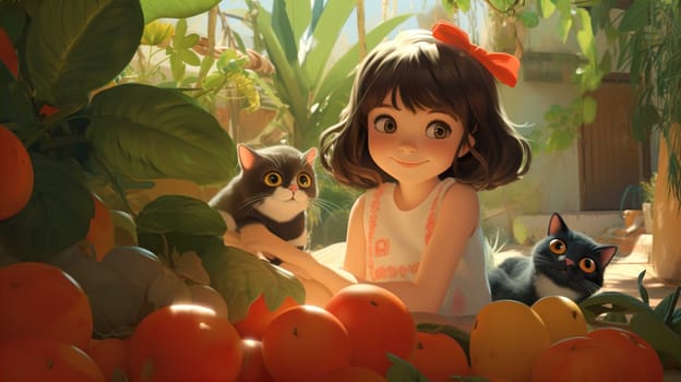   little girl holding a pet cat, in a fruit garden , Generate AI