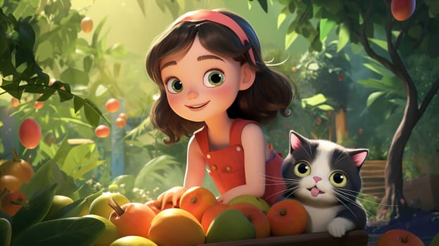   little girl holding a pet cat, in a fruit garden , Generate AI