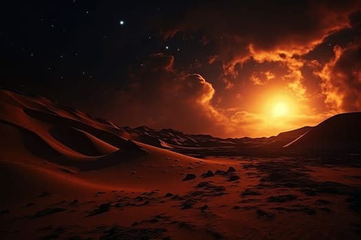 Desert landscape in the rays of the setting sun.