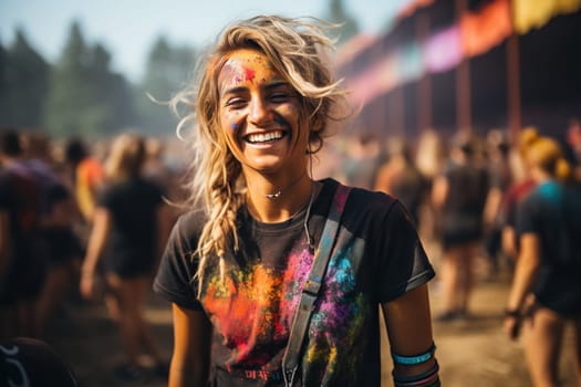 Smiling girl smeared with colored powder. Festival of colors.