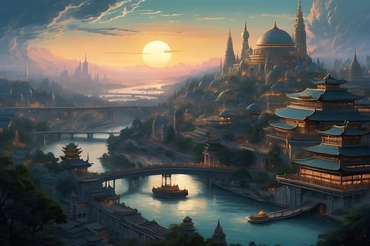 An exquisite painting showcasing a city with a majestic river flowing at its forefront.