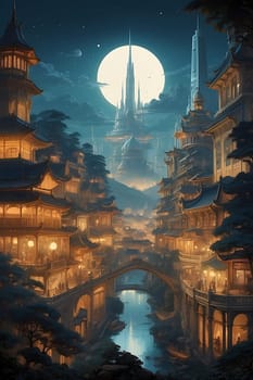 A stunning artwork capturing the beauty of a city at night, bathed in moonlight.