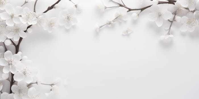 Spring decorations background with beautiful white wild flowers. Copy space for text banner