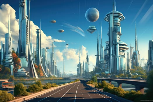 Fantastic modern city on another planet. Panorama of the city.