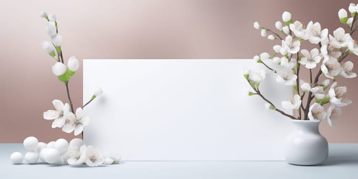 Spring decorations background with beautiful white wild flowers. Copy space for text banner