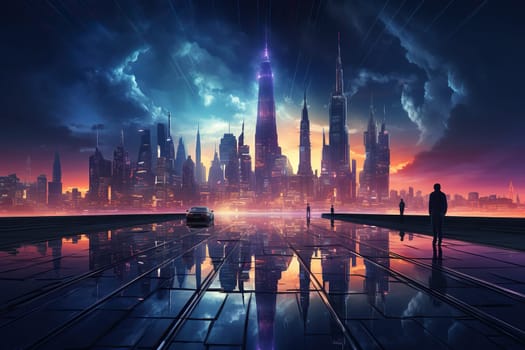 Futuristic cityscape on a colorful background with bright and glowing neon lights. Illustration in cyberpunk style.