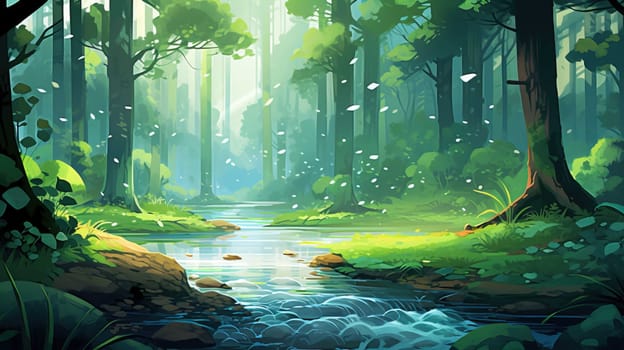 background wallpaper illustrator, Trees in forest , fresh green splash water , yellow ligh sun moorning  , Generate AI