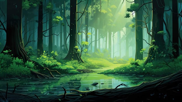 background wallpaper illustrator, Trees in forest , fresh green splash water , yellow ligh sun moorning  , Generate AI