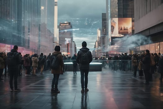 A diverse group of individuals strolling along a city street surrounded by towering skyscrapers.