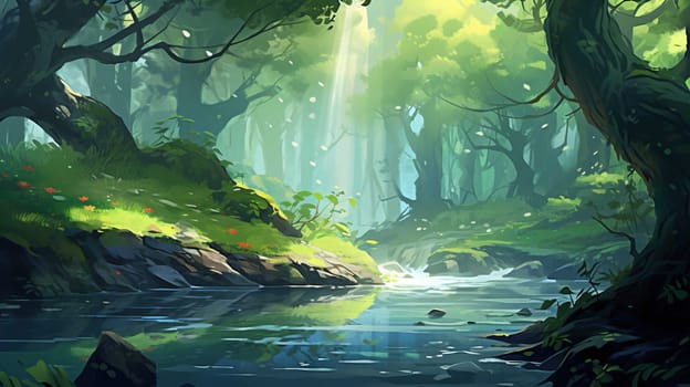 background wallpaper illustrator, Trees in forest , fresh green splash water , yellow ligh sun moorning  , Generate AI