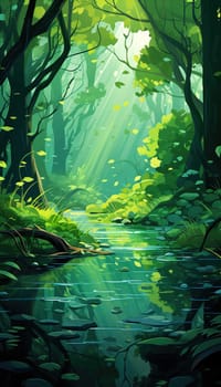 background wallpaper illustrator, Trees in forest , fresh green splash water , yellow ligh sun moorning  , Generate AI