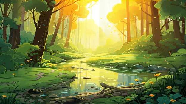 background wallpaper illustrator, Trees in forest , fresh green splash water , yellow ligh sun moorning  , Generate AI