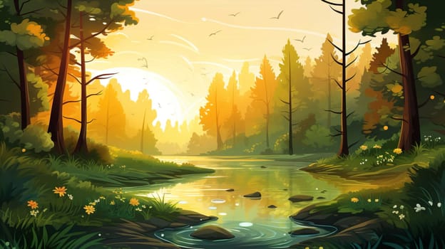 background wallpaper illustrator, Trees in forest , fresh green splash water , yellow ligh sun moorning  , Generate AI