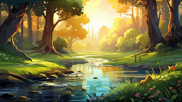 background wallpaper illustrator, Trees in forest , fresh green splash water , yellow ligh sun moorning  , Generate AI