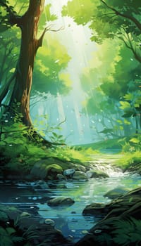 background wallpaper illustrator, Trees in forest , fresh green splash water , yellow ligh sun moorning  , Generate AI