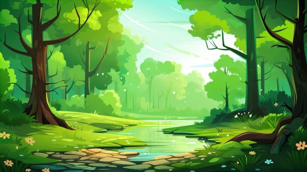 background wallpaper illustrator, Trees in forest , fresh green splash water , yellow ligh sun moorning  , Generate AI