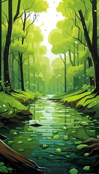 background wallpaper illustrator, Trees in forest , fresh green splash water , yellow ligh sun moorning  , Generate AI
