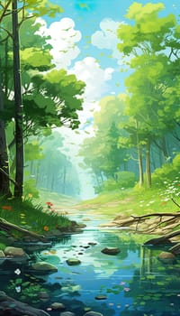 background wallpaper illustrator, Trees in forest , fresh green splash water , yellow ligh sun moorning  , Generate AI