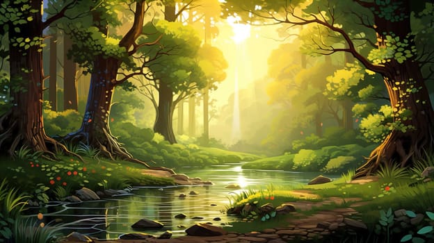 background wallpaper illustrator, Trees in forest , fresh green splash water , yellow ligh sun moorning  , Generate AI