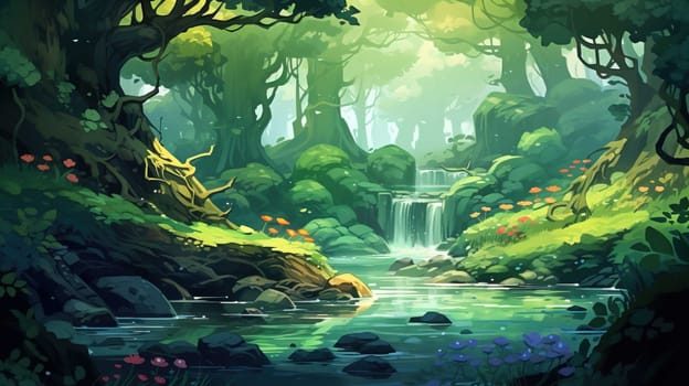 background wallpaper illustrator, Trees in forest , fresh green splash water , yellow ligh sun moorning  , Generate AI