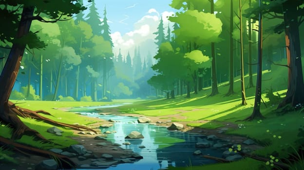 background wallpaper illustrator, Trees in forest , fresh green splash water , yellow ligh sun moorning  , Generate AI