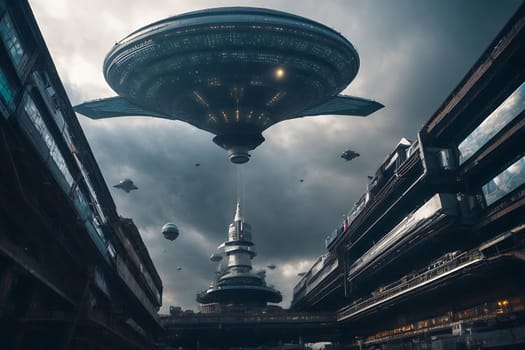 A breathtaking view of a futuristic cityscape featuring a colossal flying object that commands attention.