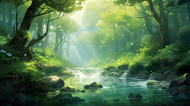 background wallpaper illustrator, Trees in forest , fresh green splash water , yellow ligh sun moorning  , Generate AI