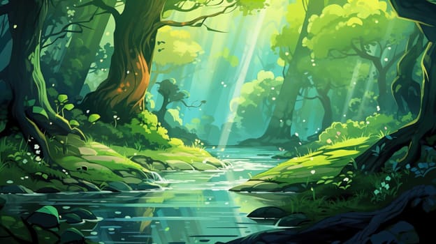 background wallpaper illustrator, Trees in forest , fresh green splash water , yellow ligh sun moorning  , Generate AI