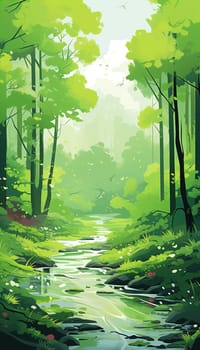 background wallpaper illustrator, Trees in forest , fresh green splash water , yellow ligh sun moorning  , Generate AI