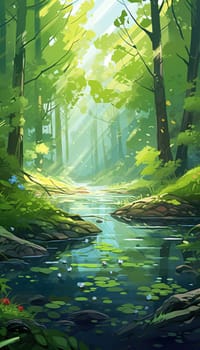 background wallpaper illustrator, Trees in forest , fresh green splash water , yellow ligh sun moorning  , Generate AI