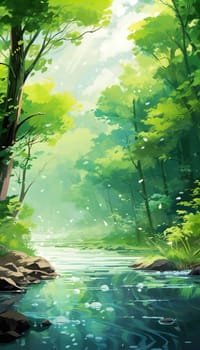 background wallpaper illustrator, Trees in forest , fresh green splash water , yellow ligh sun moorning  , Generate AI