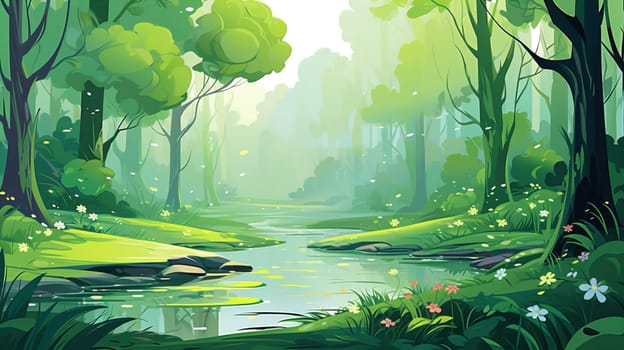 background wallpaper illustrator, Trees in forest , fresh green splash water , yellow ligh sun moorning  , Generate AI