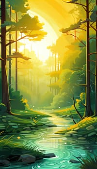 background wallpaper illustrator, Trees in forest , fresh green splash water , yellow ligh sun moorning  , Generate AI