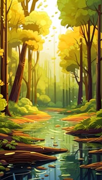 background wallpaper illustrator, Trees in forest , fresh green splash water , yellow ligh sun moorning  , Generate AI