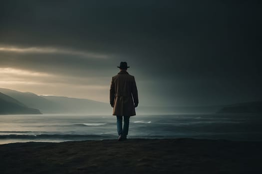 A mysterious man in a trench coat and hat stands on the beach, watching the tranquil scenery.