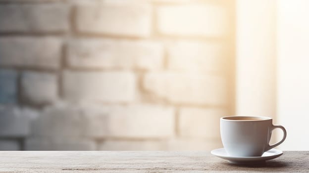 Latte, coffee or cappuccino mug on wooden table in a cafe, beautiful with natural light, vintage tones, food and drink. Copy space for text banner.