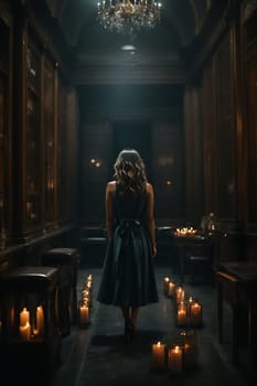 A woman sitting in a dimly lit room surrounded by flickering candles, creating an atmosphere of mystery and tranquility.