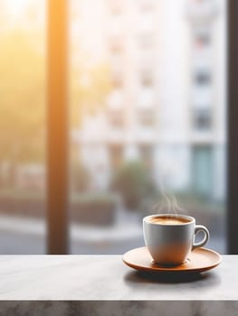 Latte, coffee or cappuccino mug on wooden table in a cafe, beautiful with natural light, vintage tones, food and drink. Copy space for text banner.