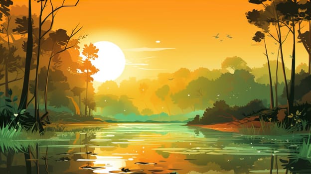 background wallpaper illustrator, Trees in forest , fresh green splash water , yellow ligh sun moorning  , Generate AI