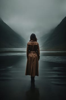 A woman stands peacefully in the middle of a calm lake surrounded by breathtaking natural beauty.