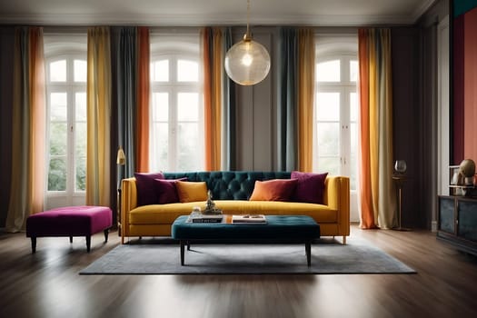 This image features a living room filled with various furniture pieces and vibrant curtains.