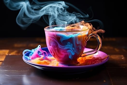 Multi-colored ink in a cup and saucer on the bar counter.