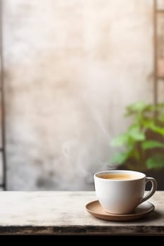 Latte, coffee or cappuccino mug on wooden table in a cafe, beautiful with natural light, vintage tones, food and drink. Copy space for text banner.