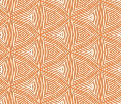 Ikat repeating swimwear design. Orange symmetrical kaleidoscope background. Textile ready wonderful print, swimwear fabric, wallpaper, wrapping. Summer ikat sweamwear pattern.