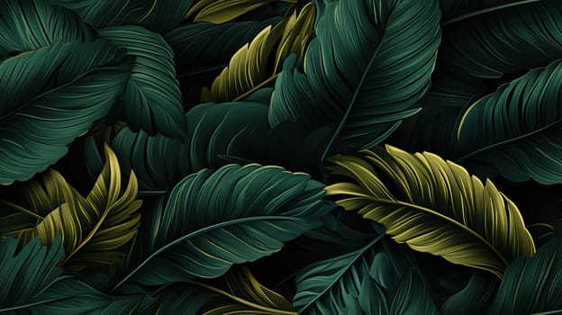 Dark green background with tropical leaves. Summer background.