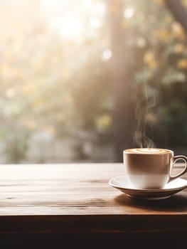 Latte, coffee or cappuccino mug on wooden table in a cafe, beautiful with natural light, vintage tones, food and drink. Copy space for text banner.