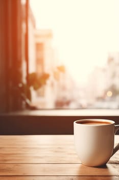 Latte, coffee or cappuccino mug on wooden table in a cafe, beautiful with natural light, vintage tones, food and drink. Copy space for text banner.