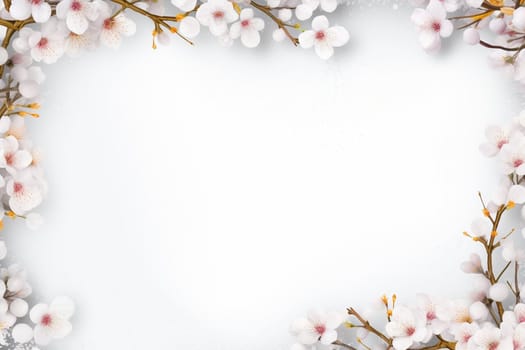 Spring decorations background with beautiful white wild flowers. Copy space for text banner