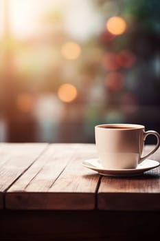 Latte, coffee or cappuccino mug on wooden table in a cafe, beautiful with natural light, vintage tones, food and drink. Copy space for text banner.