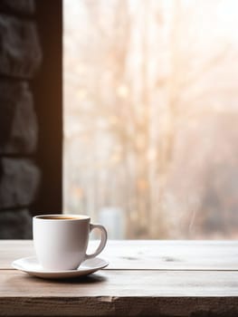 Latte, coffee or cappuccino mug on wooden table in a cafe, beautiful with natural light, vintage tones, food and drink. Copy space for text banner.